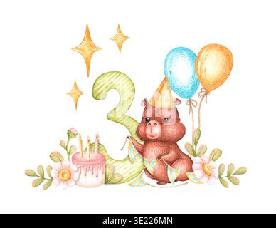 Un capybara in cappello da festa, torta, palloncini e un gran numero tre. Biglietto di compleanno per un bambino con acquerello. Illustrazione adatta per la nascita dei bambini Foto Stock