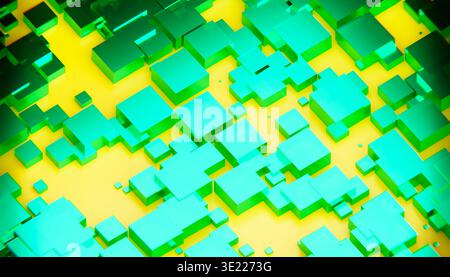 Rendering 3D astratto di cubi geometrici verdi e gialli con illuminazione vivace. Illustrazione, rendering Foto Stock