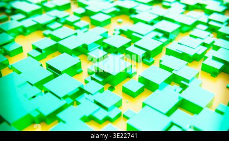 Schema geometrico 3D astratto verde e giallo con cubi a incastro. Illustrazione, rendering Foto Stock