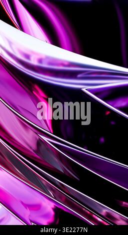 Forme metalliche rosa e viola astratte e vorticose con una superficie lucida e riflettente. Illustrazione, rendering Foto Stock