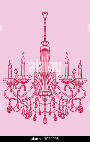 Illustrazione vettoriale di un lampadario di lusso antico in stile francese. Lampadario vintage con perle e cristalli. Illustrazione del contorno vettoriale disegnata a mano Illustrazione Vettoriale