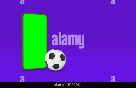 Telefono cellulare e calcio, che forniscono un concetto per app sportive online, live streaming o punteggi di gioco con spazio di copia Foto Stock