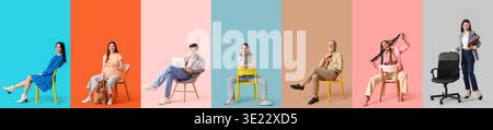 Collage di persone diverse con sedie su sfondo colorato Foto Stock
