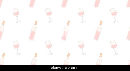 Un elegante motivo vettoriale senza cuciture con bottiglie di vino rosa minimalista e bicchieri pieni disposti in un layout pulito e ripetitivo. La raffinata tavolozza rosa Illustrazione Vettoriale