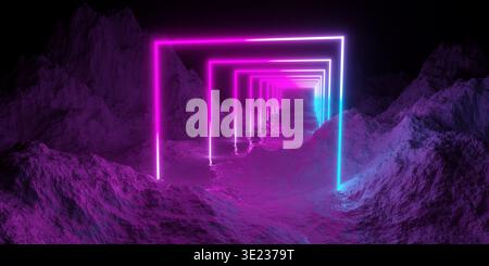 Paesaggio montano con rettangoli luminosi al neon rosa e blu o tunnel quadrato, tecnologia retrò o futuristico modello di sfondo alieno Foto Stock