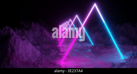 Paesaggio montano con tunnel con tubi triangolari luminosi al neon rosa e blu, tecnologia retrò o futuristica sagoma di sfondo alieno, 3D i. Foto Stock