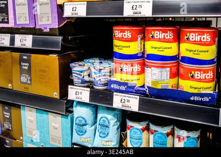 Londra, Regno Unito, 18 marzo 2026, Selezione di tradizionali dessert popolari Birds Original Custard Powder and Rice Puddings Foto Stock