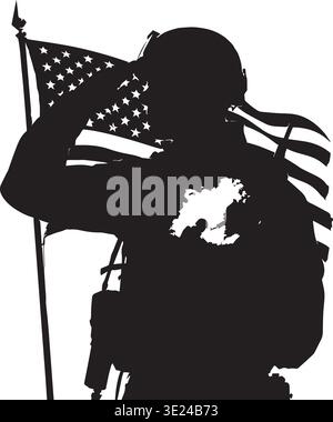 Silhouette da soldato con bandiera americana e zaino Combat rivolti in avanti Illustrazione Vettoriale