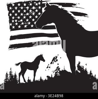 Titolo (10 parole): Cavallo patriottico e puledro con design sagomato American Flag Illustrazione Vettoriale
