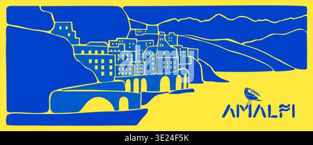 Illustrazione del paesaggio della Costiera Amalfitana con case estive italiane del Mediterraneo. Banner orizzontale con mare giallo e blu, piastrelle della città di Positano e. Illustrazione Vettoriale