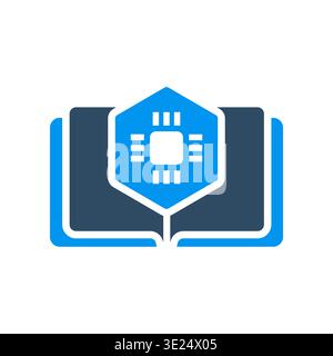 Un libro aperto con un chip integrato simboleggia l'apprendimento basato su tecnologia intelligente. Questa icona è ideale per applicazioni didattiche, corsi online, tra Illustrazione Vettoriale