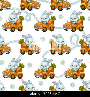 Motivo senza cuciture con un coniglio che guida un'auto con una carota. Illustrazione per bambini di tessuti per stanze dei bambini, carta da imballaggio, carta da parati, Foto Stock