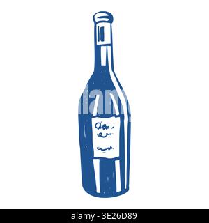 Disegnare la bottiglia di vino isolata su uno sfondo bianco. Clip art vettoriale in blu, stile vintage. Illustrazione disegnata a mano. Illustrazione Vettoriale