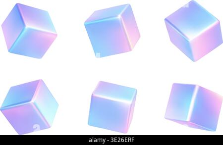 Rendering olografico 3d per cubi set di cubi al neon e bagliore morbido gradiente. Vettoriale holo iridescente per tecnologia arcobaleno lucida, liscia e geometrica Illustrazione Vettoriale
