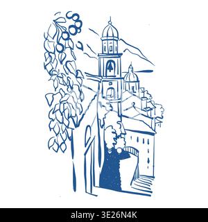 Schizzo architettonico. Illustrazione disegnata a mano dell'isola di Santorini, Grecia. Illustrazione line art in blu, isolata su sfondo bianco. Cartolina da viaggio disegnata a mano. Illustrazione vettoriale. Illustrazione Vettoriale