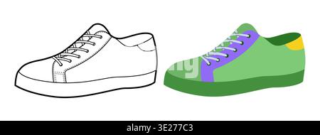 Set di scarpe da ginnastica basse Flat Plus. Sneaker lifestyle per applicazioni di moda, icone web, uomo donna unisex. Illustrazione tecnica di moda, mockup CAD, stile di tendenza isolato da vettori misti. Illustrazione Vettoriale