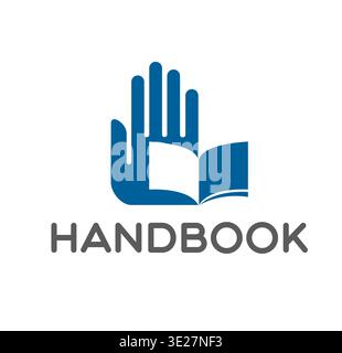 Icona del libro, dell'istruzione e del manuale con la mano e il simbolo del libro aperto che rappresenta l'istruzione e la guida. Emblema vettoriale per manuali di apprendimento, materiali di istruzioni e conoscenze, etichetta blu e bianca Illustrazione Vettoriale