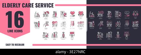 Set di icone vettoriali della linea di assistenza per anziani. Assistenza sanitaria di livello senior e simboli di supporto sociale. Caregiver, assistiti, casa di cura, cure mediche, infermiere domiciliare, consegna di cibo, cura della memoria e geriatria Illustrazione Vettoriale