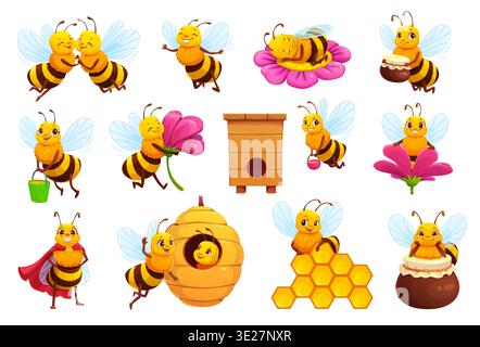 Personaggi cartoni animati delle api del miele, simpatiche mascotte vettoriali animali. Piccole e divertenti api che tengono vasi di miele, secchio e fiori con facce felici. I personaggi degli insetti delle api sono ambientati con alveare, favo e alveare selvatico Illustrazione Vettoriale