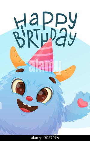 Buon compleanno. Biglietto d'auguri con un mostro blu carino Illustrazione Vettoriale