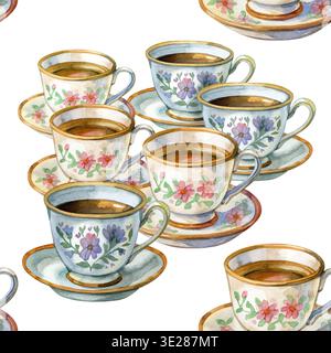Motivo senza cuciture con tazze da tè vintage ad acquerello su sfondo bianco. Questo affascinante design rustico è perfetto per l'arredamento di caffè, tessuti e. Foto Stock