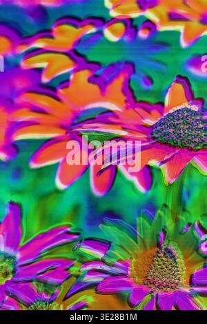 Fiore glitter neon con aberrazione cromatica e distorsione grana pixel Foto Stock