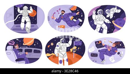 Astronauti nel cosmo. L'uomo in tuta spaziale entra nello spazio, galleggia a gravità zero, esplora pianeti, cabine navali, avventura spaziale dei cosmonauti Illustrazione Vettoriale
