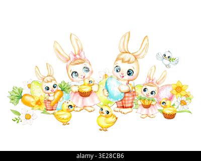 Acquerello adorabile coniglietto di Pasqua e coniglietto in abiti che tengono carote, uovo di Pasqua e pollo nelle zampe. Illustrazione ad acquerello fatta a mano Foto Stock