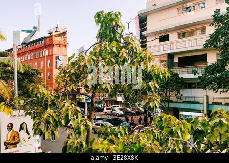 18 marzo 2026 - vivace Nairobi CBD Street con Stanbic Bank, Tree Canopy, Golden Star Restaurant e Urban Life in Kenya Foto Stock
