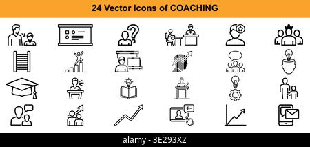 Una raccolta completa di ventiquattro icone di linea vettoriale che rappresentano il vettore di coaching professionale Illustrazione Vettoriale