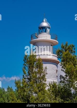 La torre bianca del faro cilindrica si erge contro il brillante cielo blu del Mediterraneo a Port de Soller, incorniciata da lussureggianti alberi di pino verde - classica architettura costiera di navigazione. Foto Stock