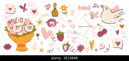 Collezione di adesivi per san valentino con cuori e fiori simpatici e funky, colomba bianca, simboli d'amore nei colori rosa. Bouquet di elementi di rose, fiocco con freccia, busta, bacio alla fragola Illustrazione Vettoriale