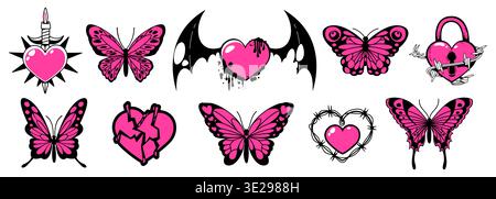 Set di tatuaggi a forma di cuore gotico con motivi a farfalla rosa ed estetica y2k - struttura in filo spinato, ali di pipistrello e forma spezzata, piercing dei pugnali e effetto sangue gocciolante. Design vettoriali e romantici. Illustrazione Vettoriale
