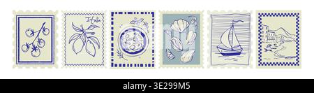 Collezione di francobolli estivi Amalfi con bordi da cartolina vintage in blu e beige. L'Italia incornicia limoni e pizza, conchiglie, barca a vela e paesaggio costiero. Design retrò per il trasporto postale mediterraneo Illustrazione Vettoriale