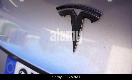 LIONE, FRANCIA - 19 MARZO 2026: Logo Tesla nero sul corpo di un'auto elettrica grigia Foto Stock