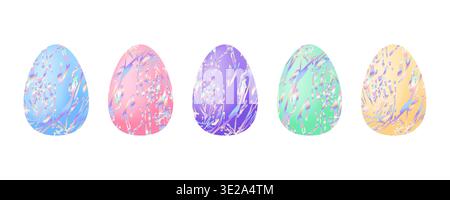 Set di uova di Pasqua con trama olografica. Uova di Pasqua pastello isolate e iridescenti per le vacanze primaverili con effetto gradiente ed effetto marmo. Modificabile Illustrazione Vettoriale
