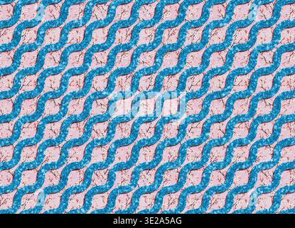 Rendering 3D di un motivo decorativo senza cuciture con fasce ondulate blu disposte diagonalmente su un morbido sfondo floreale. Foto Stock