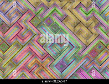 Rendering 3D di un modello astratto denso composto da forme a rombo e percorsi simili a labirinti formati da linee parallele strettamente distanziate. Foto Stock