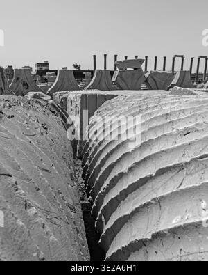 Primo piano monocromatico di antiche colonne in pietra scanalata con particolare attenzione alla struttura e alla prospettiva presso l'Agorà di Smirne a Smirne, Turchia. Foto Stock