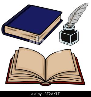 Illustrazione vettoriale di un libro aperto, di un libro chiuso e di un pozzetto di inchiostro con penna Illustrazione Vettoriale