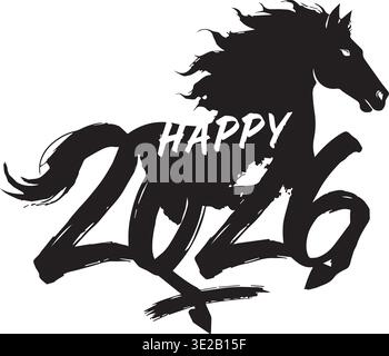 Happy 2026 Brushstroke Horse silhouette che salta con una coda di criniere fluente Illustrazione Vettoriale