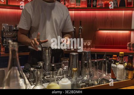 Berlino, Germania - 19 agosto 2025: Un giovane ispanico con una t-shirt bianca mescola sapientemente cocktail in un moderno bancone bar, circondato da vari b Foto Stock