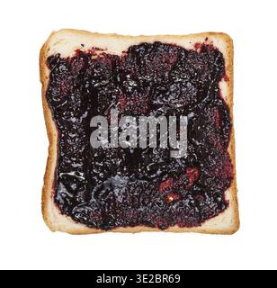 Vista dall'alto del panino aperto con toast e marmellata di mirtilli isolata su sfondo bianco Foto Stock