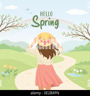 Hello Spring Landscape Illustration with Girl in Hat, Green Meadow and Blossoming Trees. Sfondo orizzontale natura stagionale per biglietto d'auguri Illustrazione Vettoriale