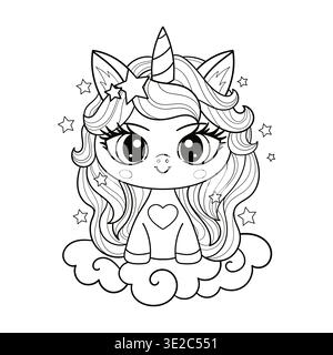 Un simpatico unicorno su una nuvola. Disegno della linea in bianco e nero. Adatto per disegni di libri da colorare per bambini, stampe, poster, cartoline, adesivi, ecc.. Vettore Illustrazione Vettoriale