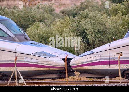 Puertollano, Spagna - 17 dicembre 2025: Vista di due eleganti treni ad alta velocità quasi toccanti, la loro livrea bianca e viola contrasta con la schiena Foto Stock