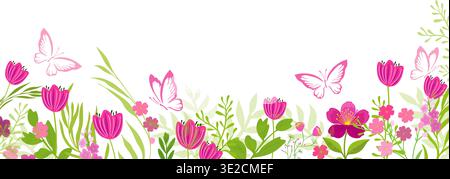Lungo striscione orizzontale con fiori rosa con farfalle . Disegnato a mano. Non ai, illustrazione vettoriale. Illustrazione Vettoriale