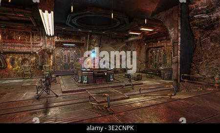 Bunker militare sotterraneo di fantascienza cyberpunk. Illustrazione con rendering 3D. Foto Stock