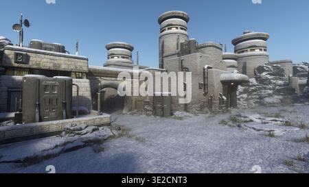 Avamposto fantascientifico in un paesaggio ghiacciato. Illustrazione con rendering 3D. Foto Stock