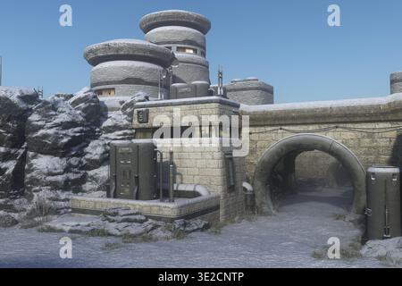 Fantasy avamposto fantascientifico remoto in un paesaggio ghiacciato. Illustrazione con rendering 3D. Foto Stock